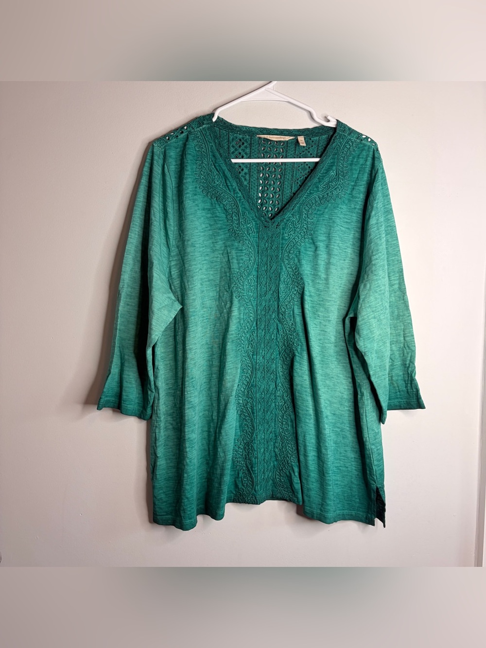 Soft Surroundings 100% Cotton Teal Green Embroidered V-Neck Tunic 2X